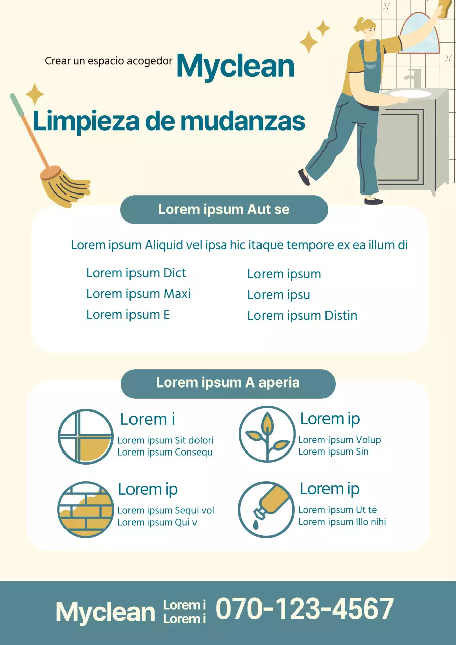 Ilustración en azul y amarillo para promocionar un servicio de limpieza de mudanzas ordenado