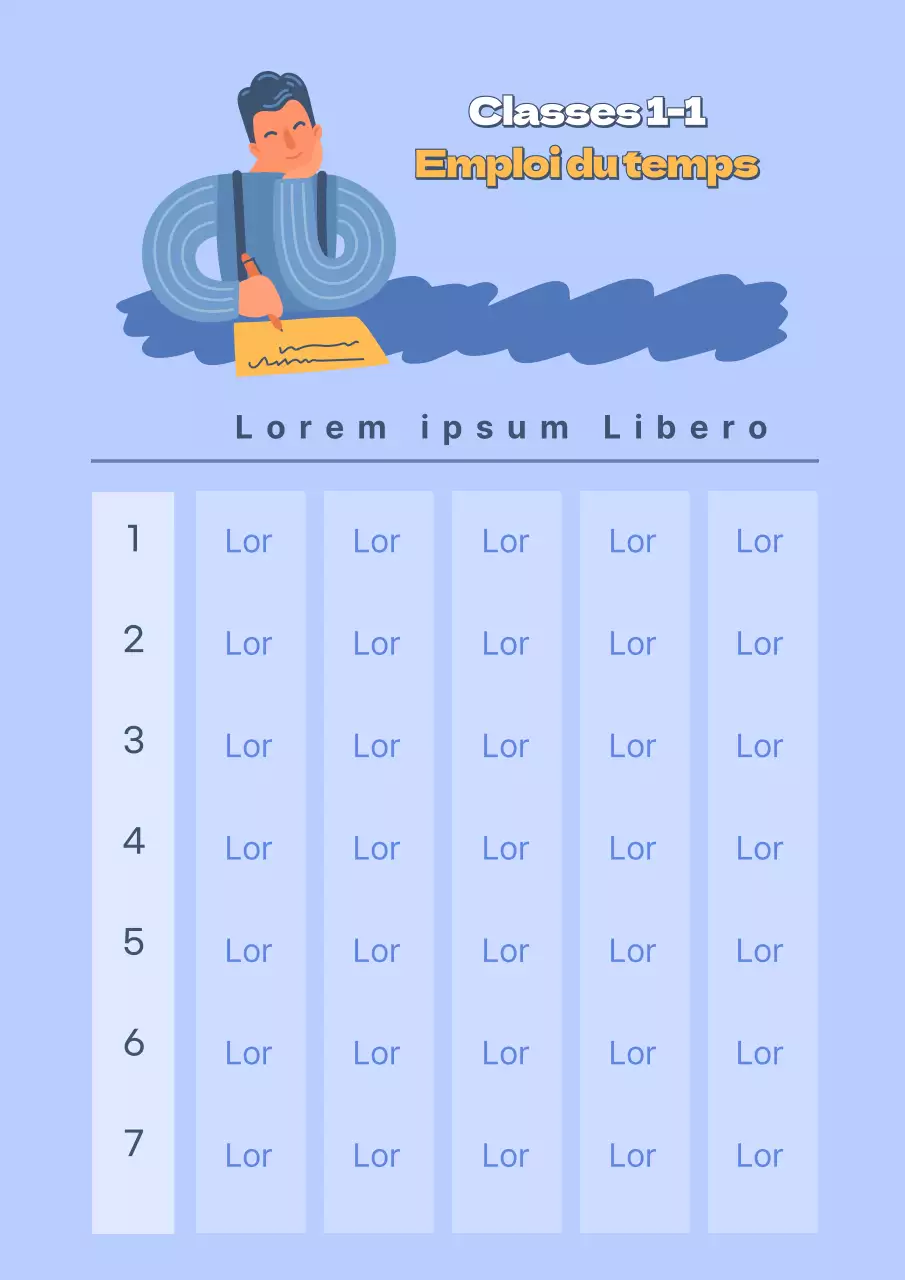 Emploi du temps scolaire simple avec illustrations humaines en violet et magenta