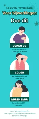 Geïllustreerde instructies voor bijwerkingen van vaccins met contrasterende blauwe achtergrond en rode tekst