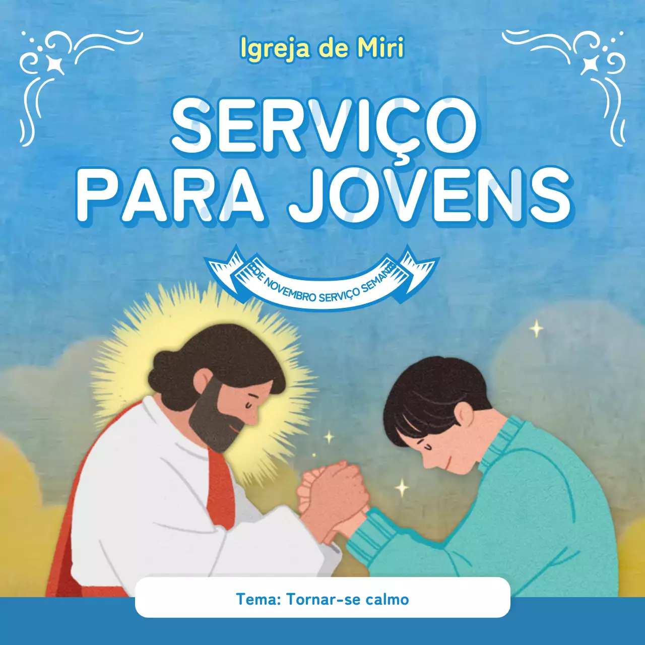 Boletim de culto em tons de azul claro com ilustrações cristãs