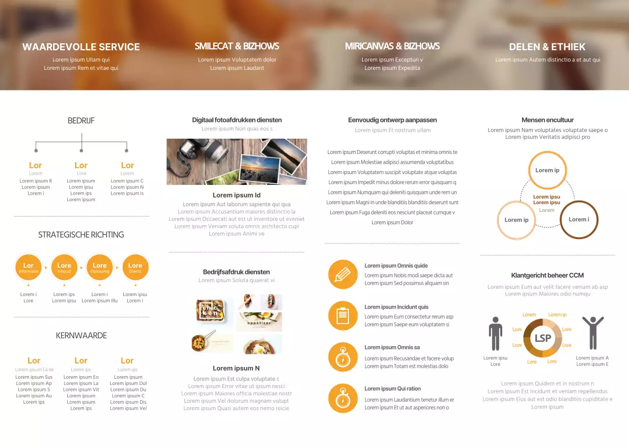 Een eenvoudig concept in oranje en donkergrijs Over ons en informatie over Miridi