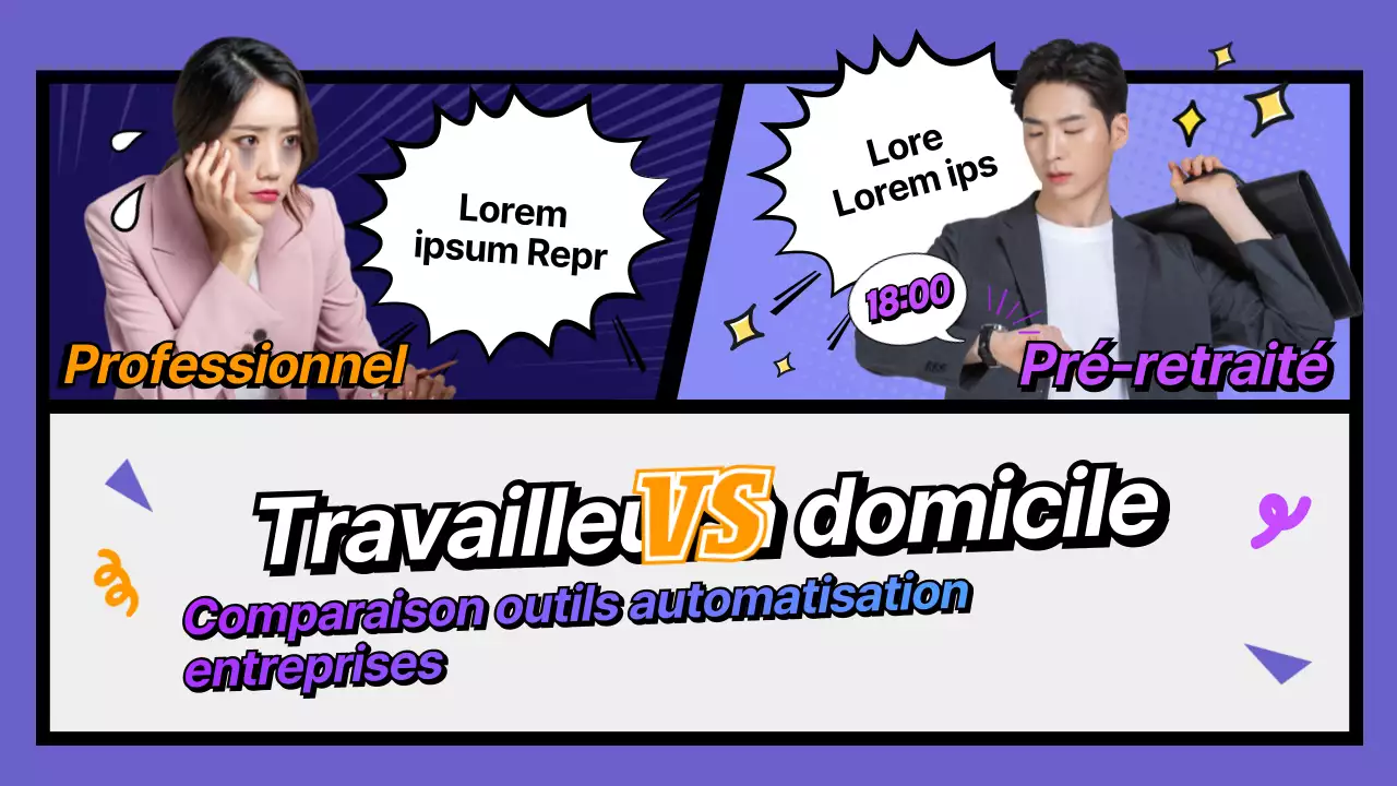 Miniature YouTube d'une illustration de bande dessinée violette comparant les outils d'automatisation des entreprises.