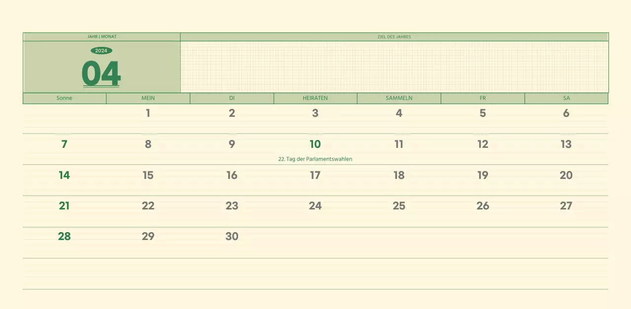 SAT D-day Notizblock Konzept Wandkalender in grün und hellgelb