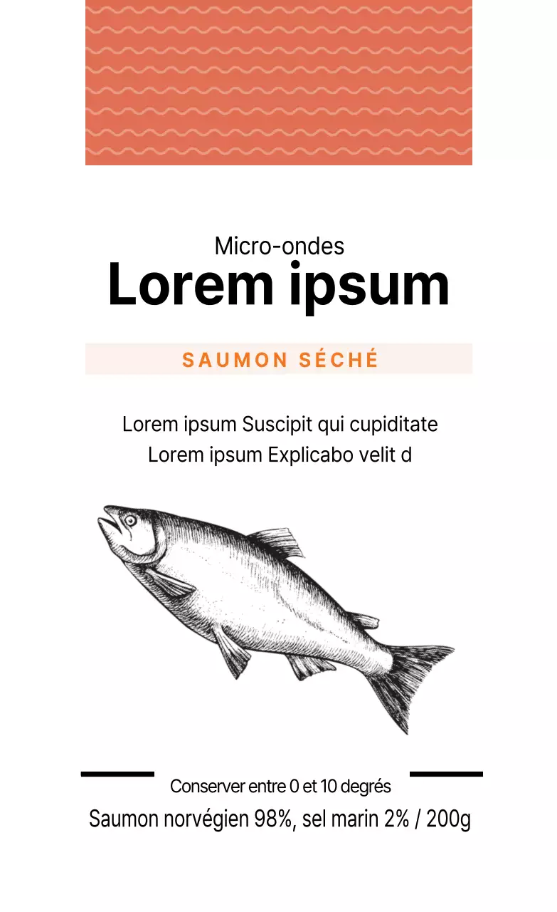 Étiquette d'emballage de poisson illustrée en orange pour le saumon fumé