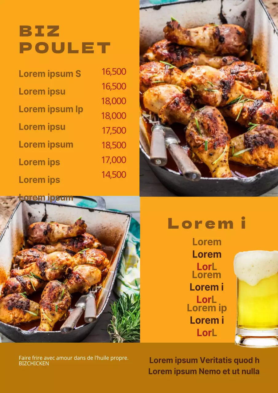 Menu de restaurant de poulet avec photos