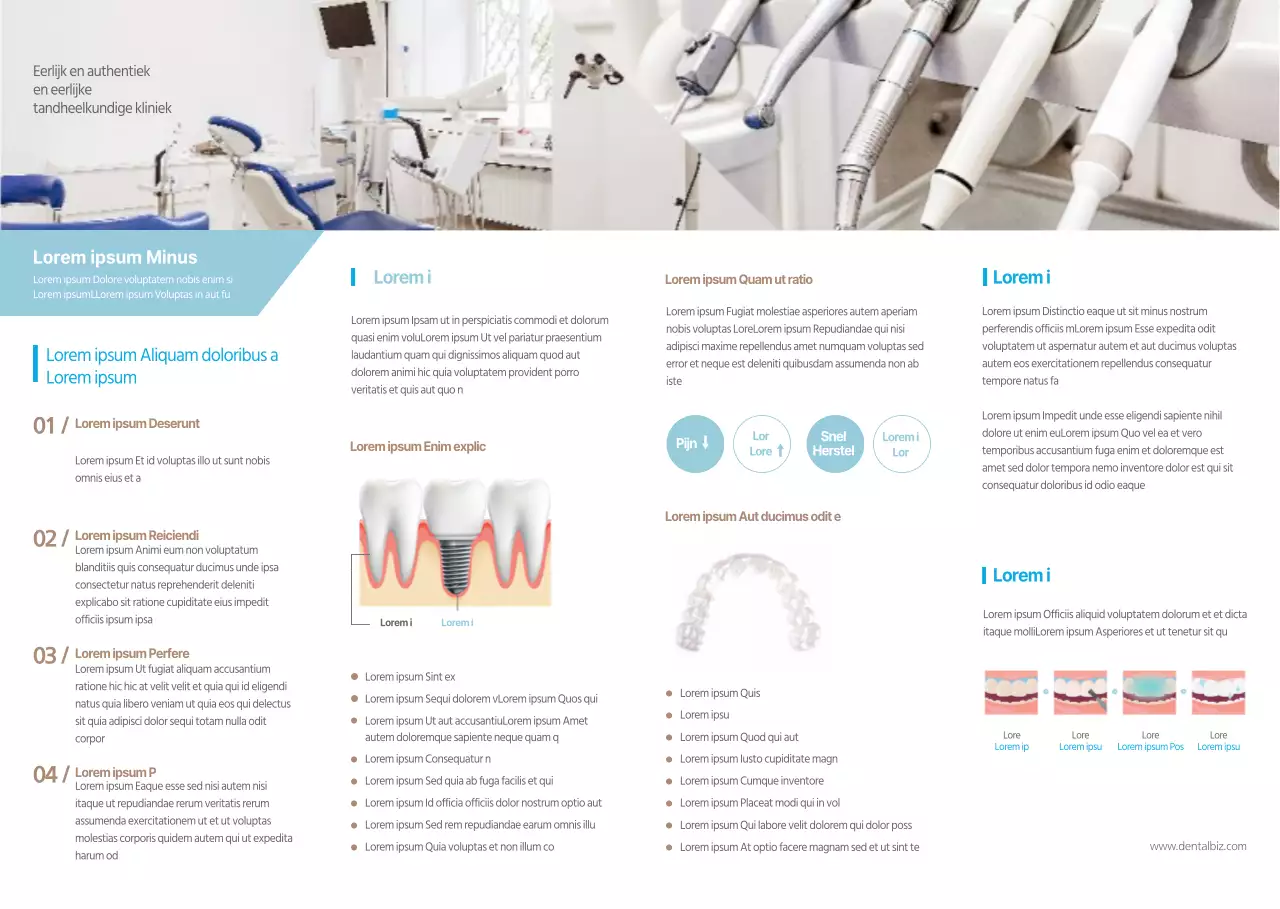 Lichtblauw en wit, strakke stijl om uw tandartspraktijk te promoten en te informeren