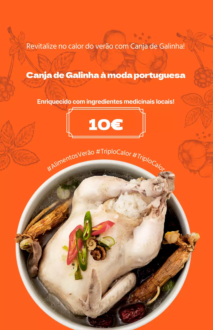 Bo-yang Samgyetang com um fundo laranja vibrante e ilustrações coreanas