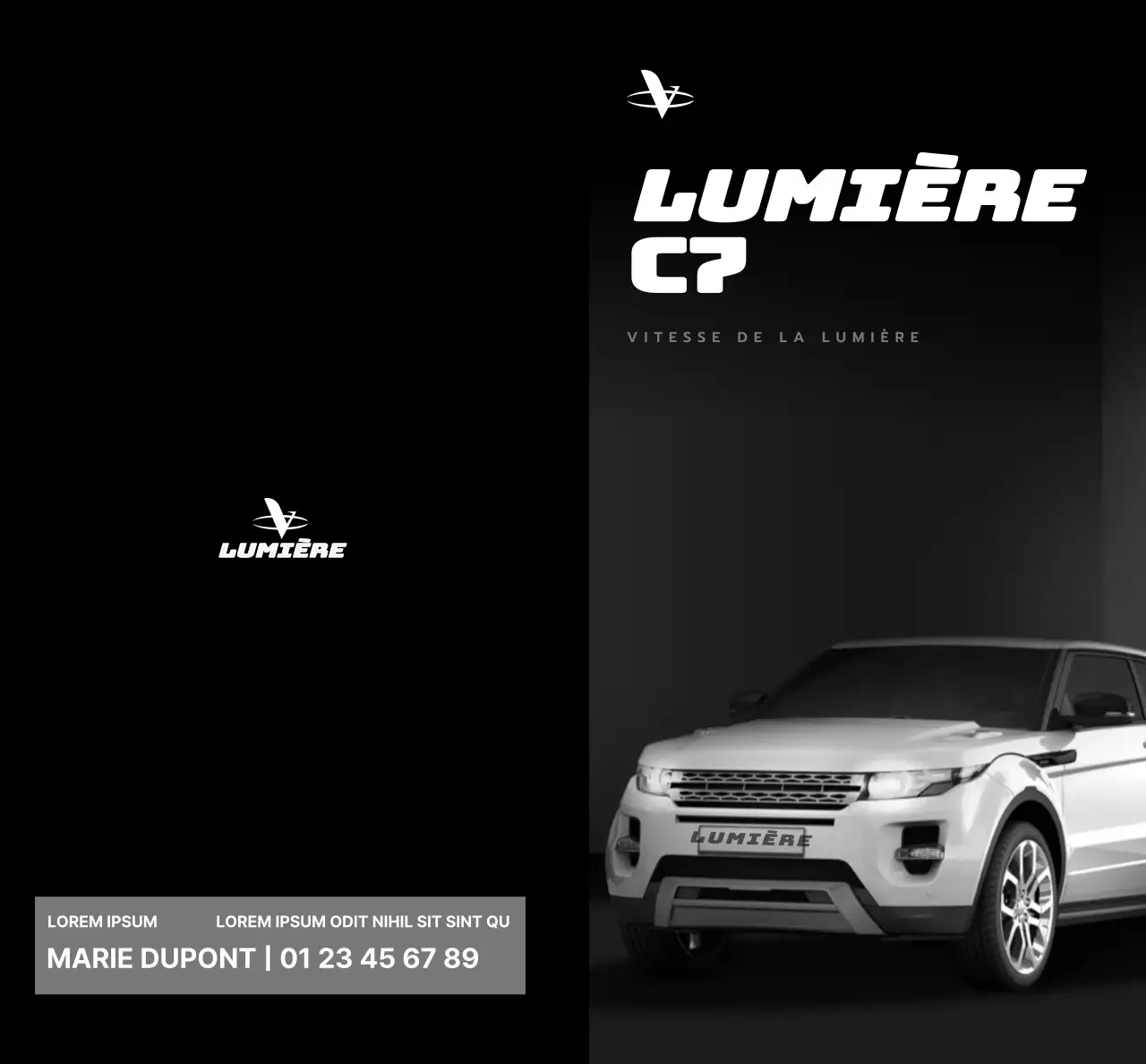 Promotion d'une voiture de concessionnaire avec un design noir, simple et épuré avec des photos de voitures