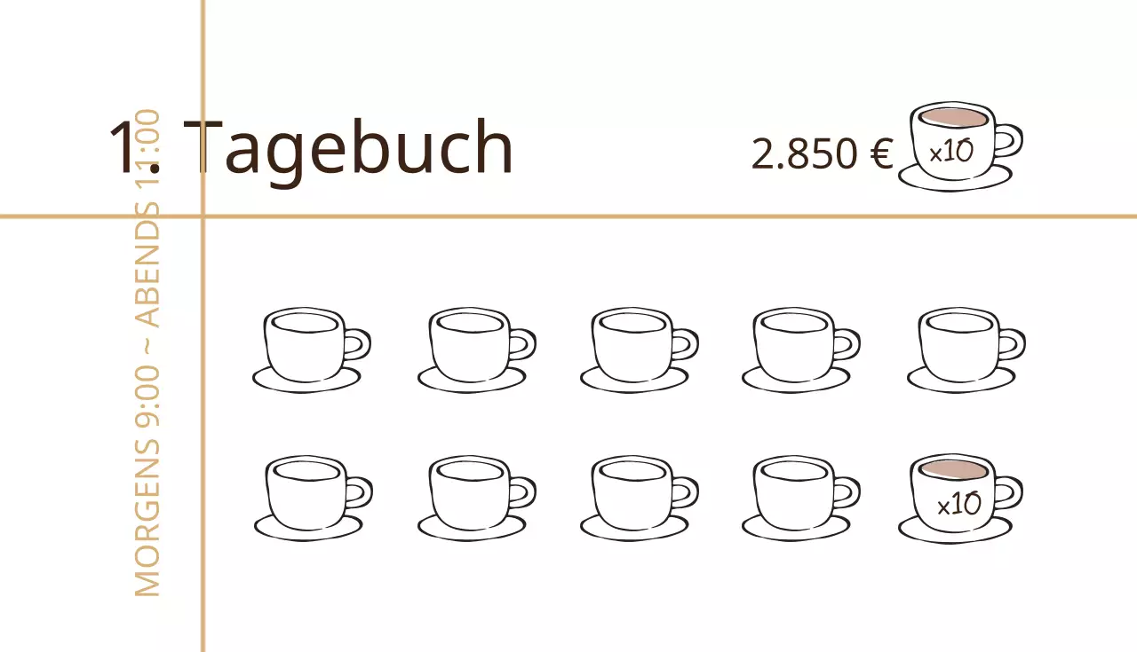 Vintage-inspirierte Kaffee-Stempelkarte mit brauner Buch- und Tassenillustration