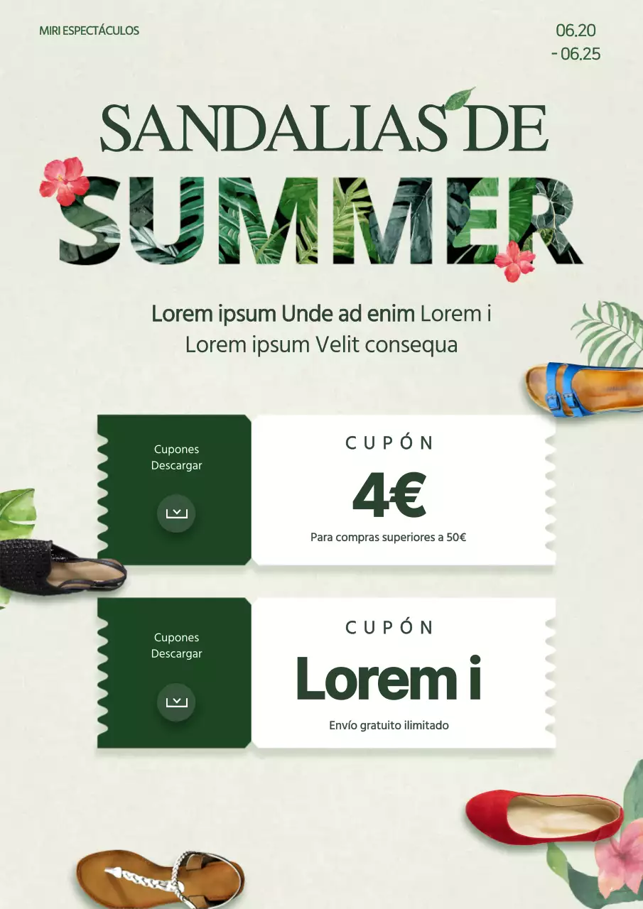 Folleto promocional de un cupón de descuento para calzado de verano en tonos verdes