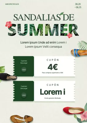 Folleto promocional de un cupón de descuento para calzado de verano en tonos verdes