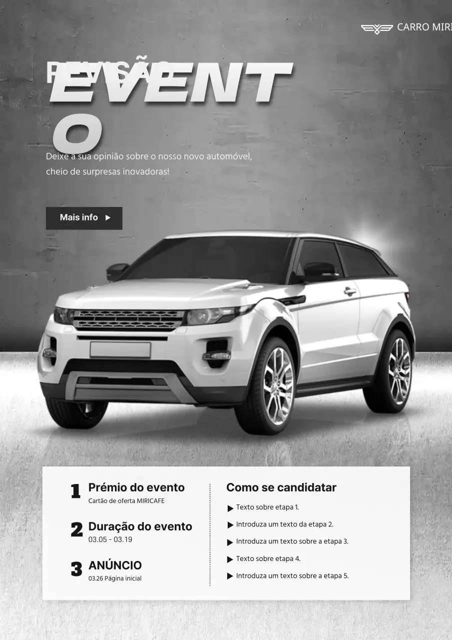 Promover um evento de uma loja de automóveis cinzenta e de luxo
