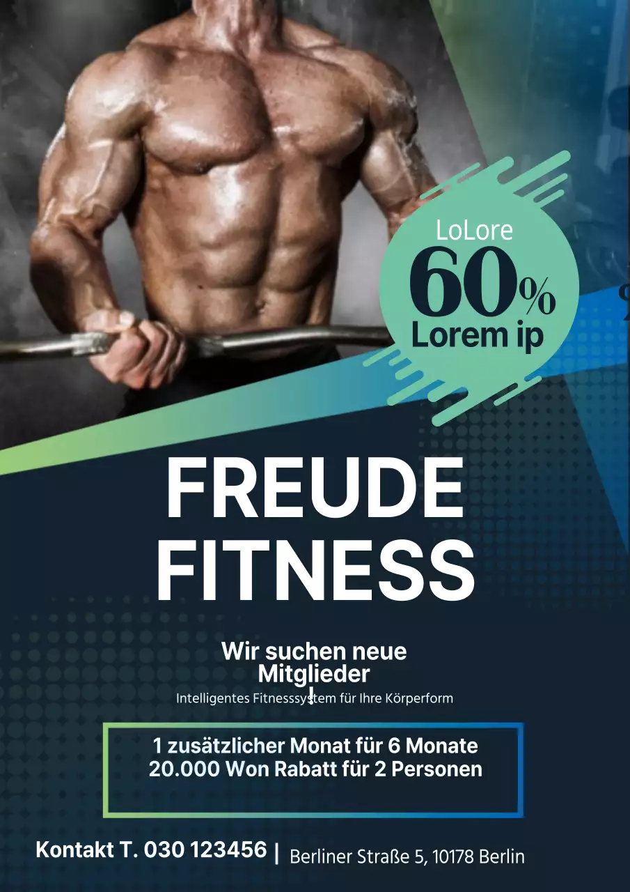 Werben Sie neue Mitglieder für Ihr Fitnessstudio mit einem blau-mintfarbenen Foto von Ihnen beim Training