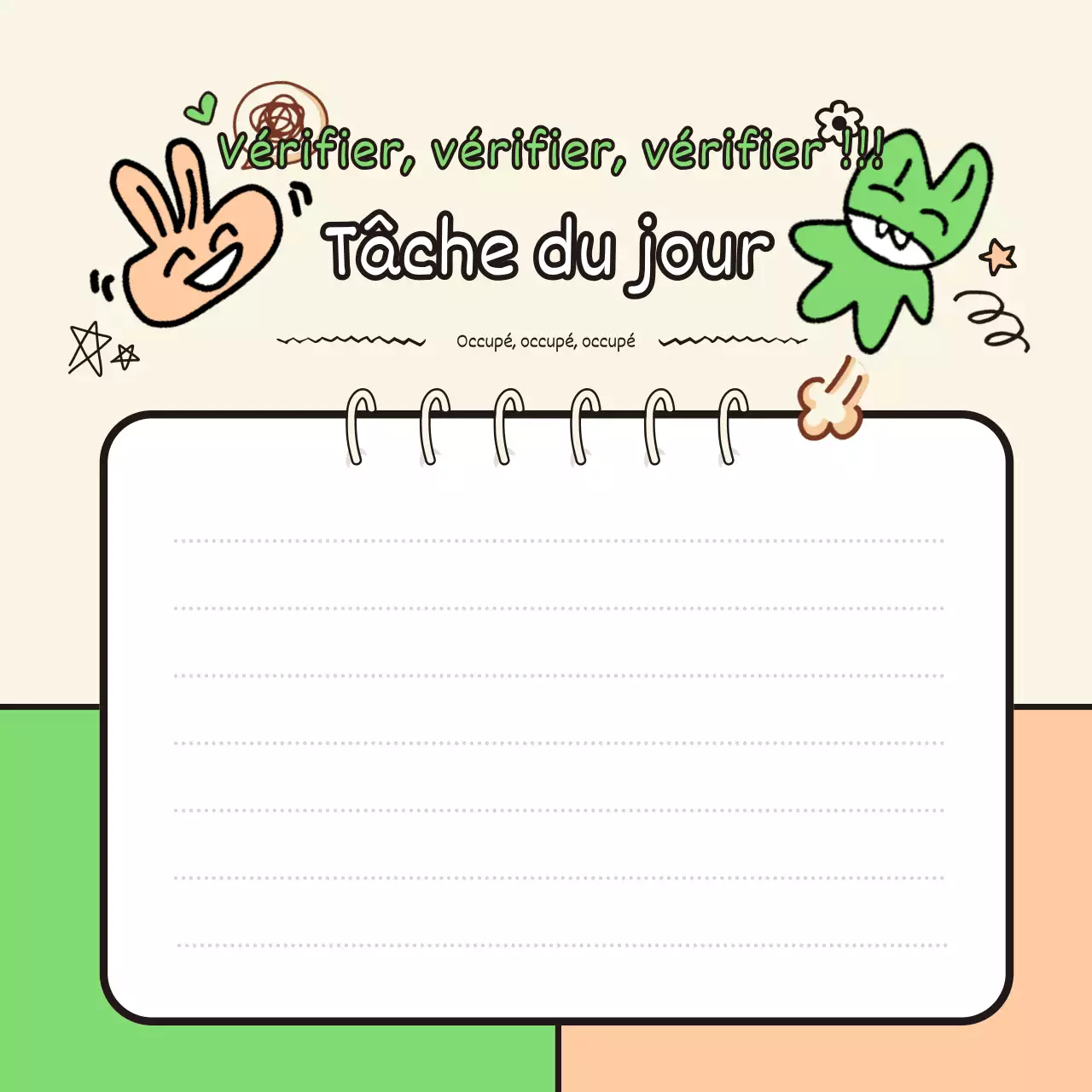 Bloc-notes avec illustrations et écritures vertes et orange inspirées des gribouillis