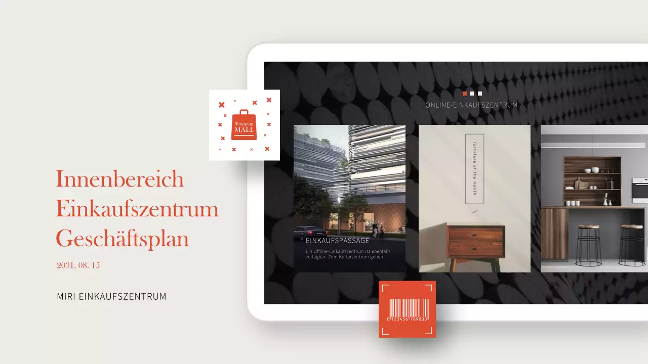 Einfaches und warmes Interieur in Orange und Braun Geschäftsplan für ein Einkaufszentrum