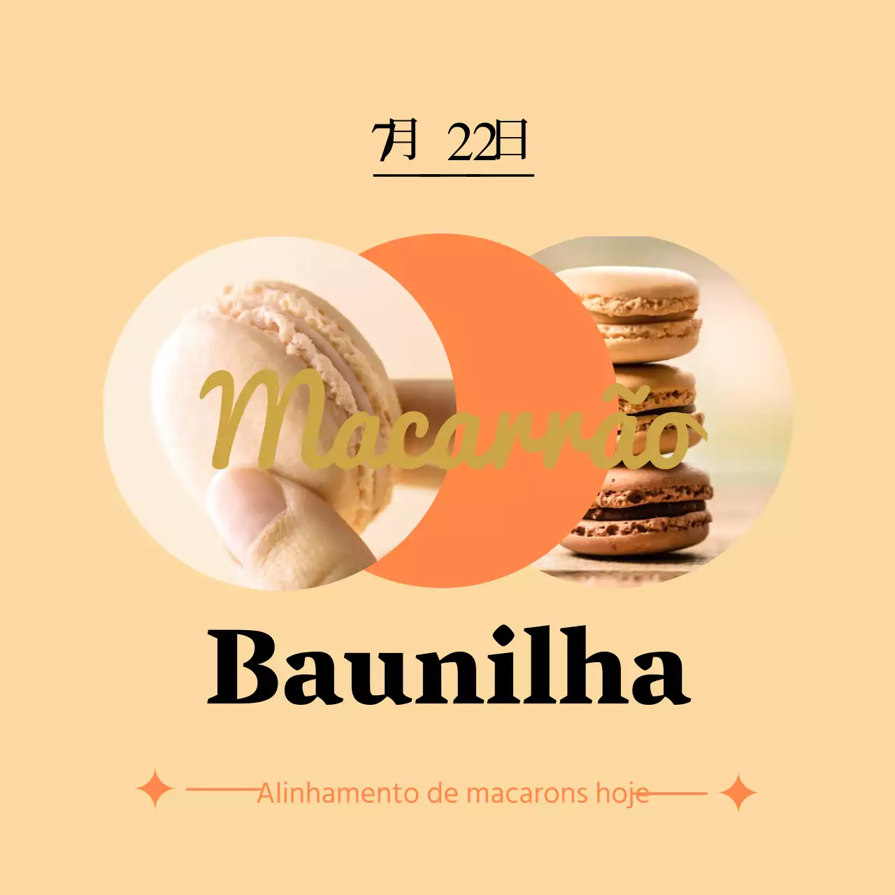 A linha de hoje de macarons com toques de laranja sobre um fundo suave de baunilha
