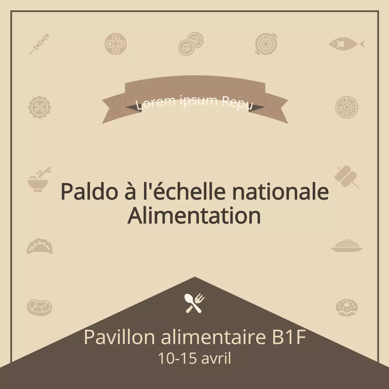 Un concept apaisant avec une variété de pictogrammes alimentaires dans les tons beige et marron pour vous guider à travers l'exposition alimentaire.