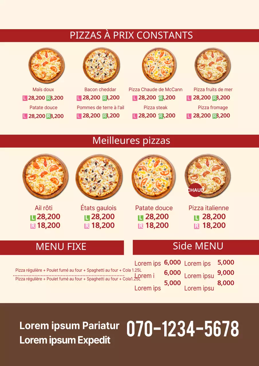 Table de menu pizza avec des images de menu marron et rouge