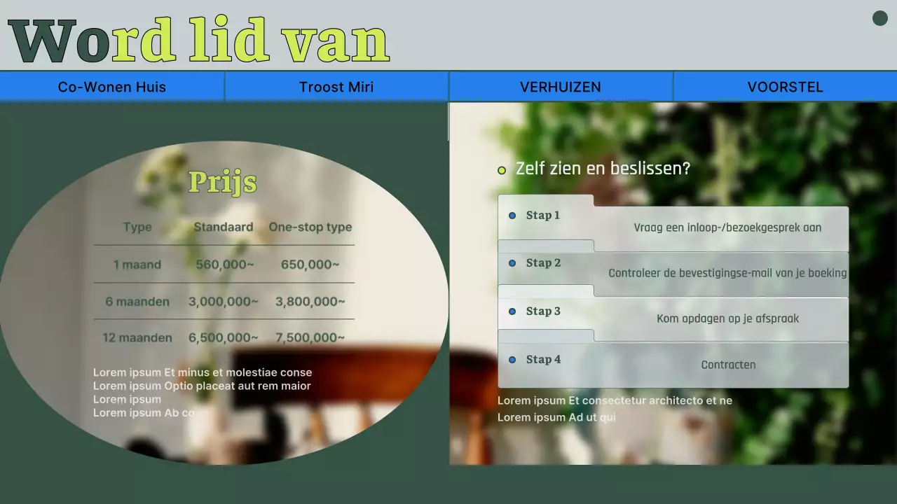 Voorstel voor een huis voor samenwonen met afgezwakte groene foto's en lijnen