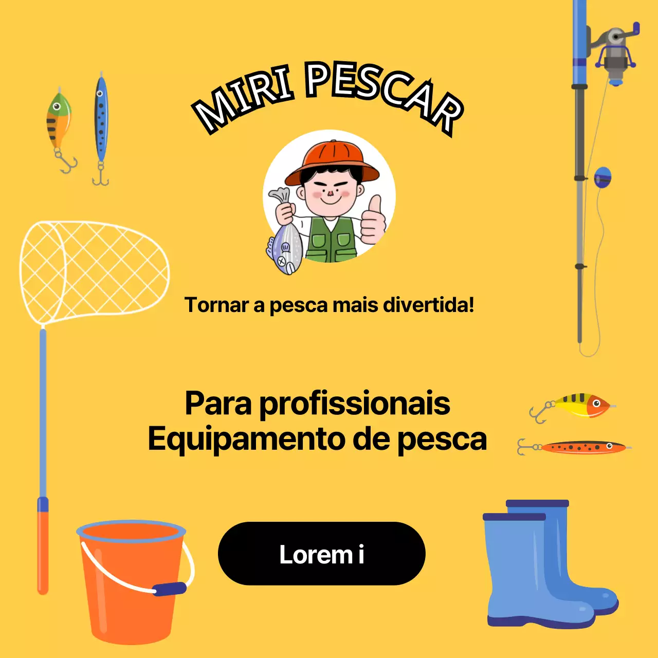 Anúncio de equipamento de pesca profissional amarelo e fofo