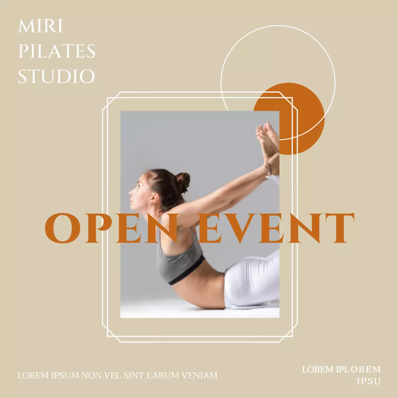 Een eenvoudig ivoor en oranje Pilates open evenement