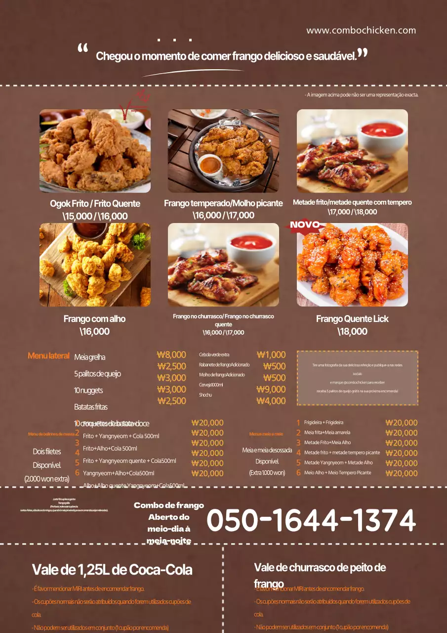 Ementa do restaurante Karaage com imagens de comida castanha e laranja