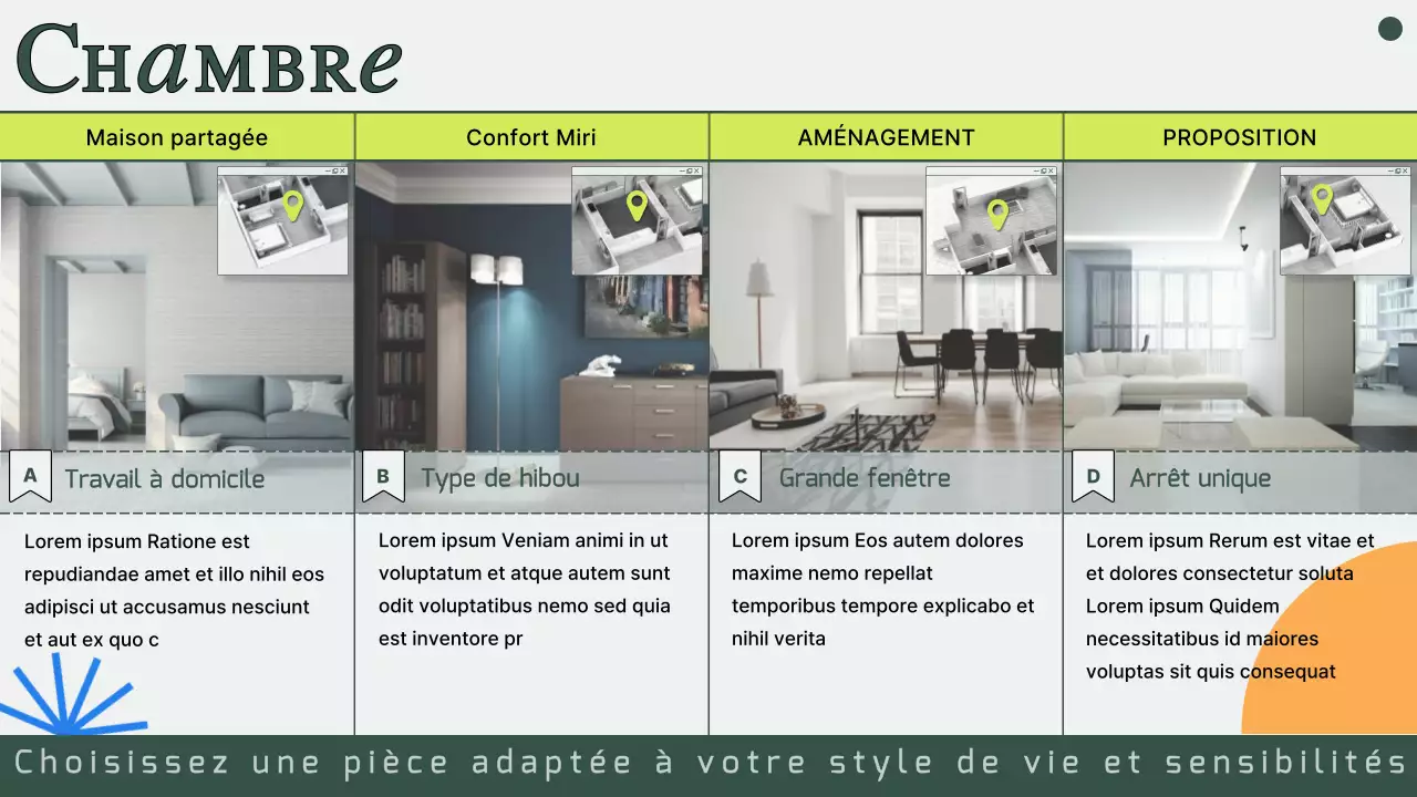 Proposition de maison commune avec des photos et des lignes vertes atténuées