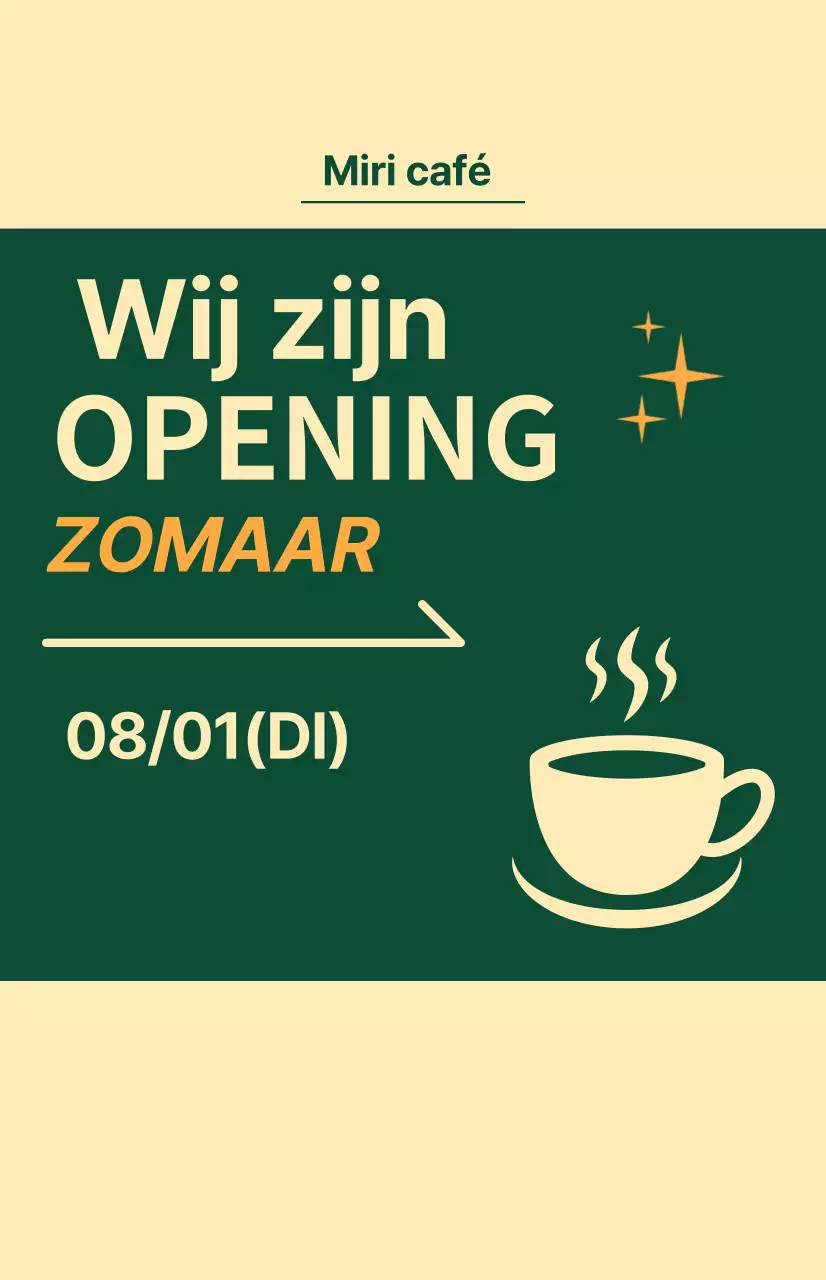 Vlag voor komende vensters met een koffiepictogram op een lichtgele en groene achtergrond