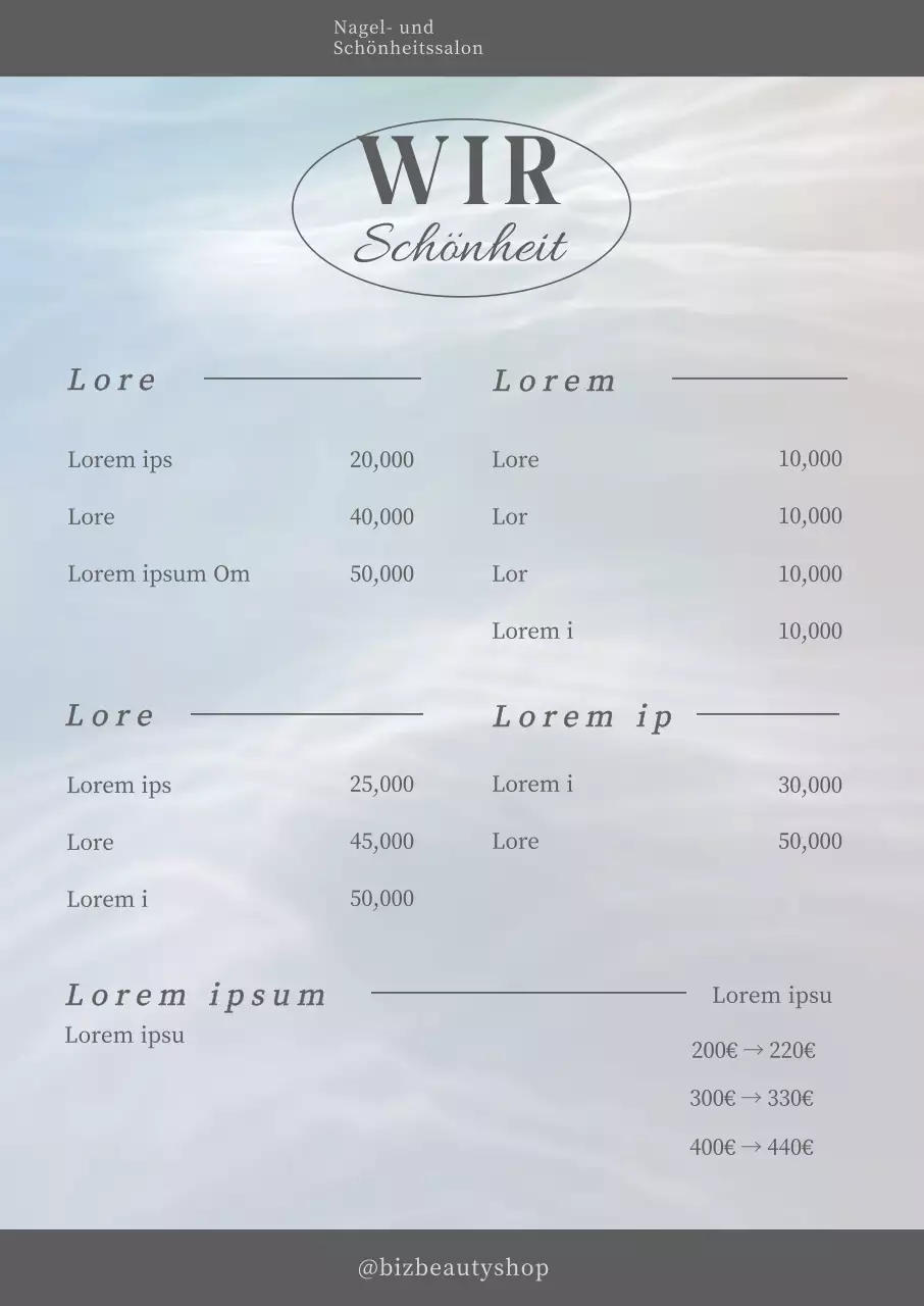 Menüposter in grauer Schrift mit mystischem Wellenhintergrund