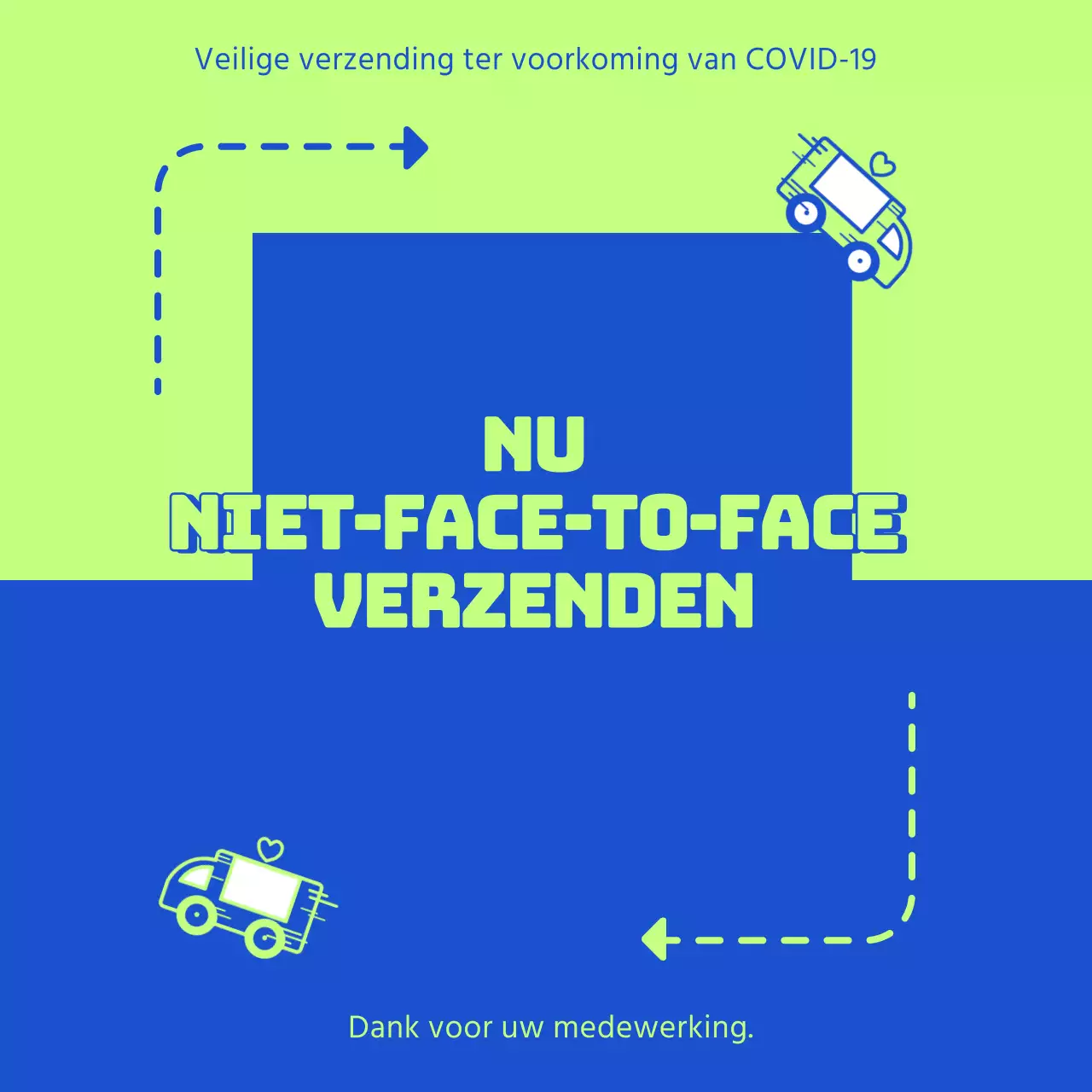 Kleurrijke banner tijdens contactloze levering met illustratie van een koerier op een chartreuse blauwe achtergrond