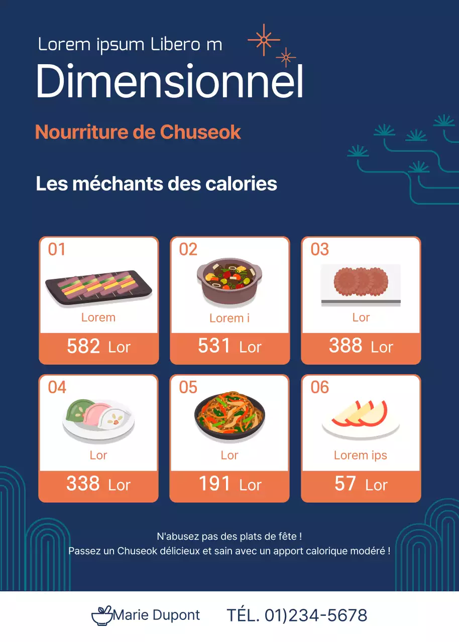 Guide des calories alimentaires pour les fêtes de fin d'année, illustré avec soin, en bleu marine et orange