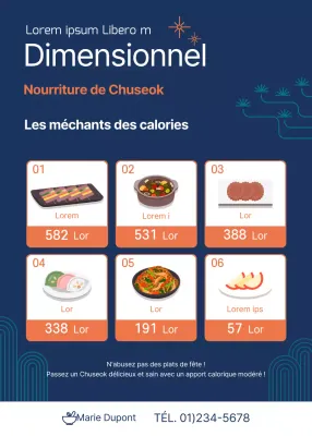 Guide des calories alimentaires pour les fêtes de fin d'année, illustré avec soin, en bleu marine et orange