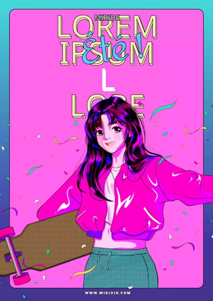 Illustration d'une fille chevauchant un pop board urbain en bleu ciel coloré