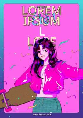 Illustration d'une fille chevauchant un pop board urbain en bleu ciel coloré