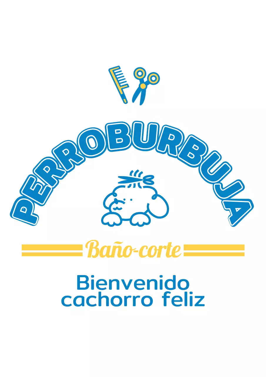 Peluquería canina con simpáticos personajes cachorros azules y amarillos