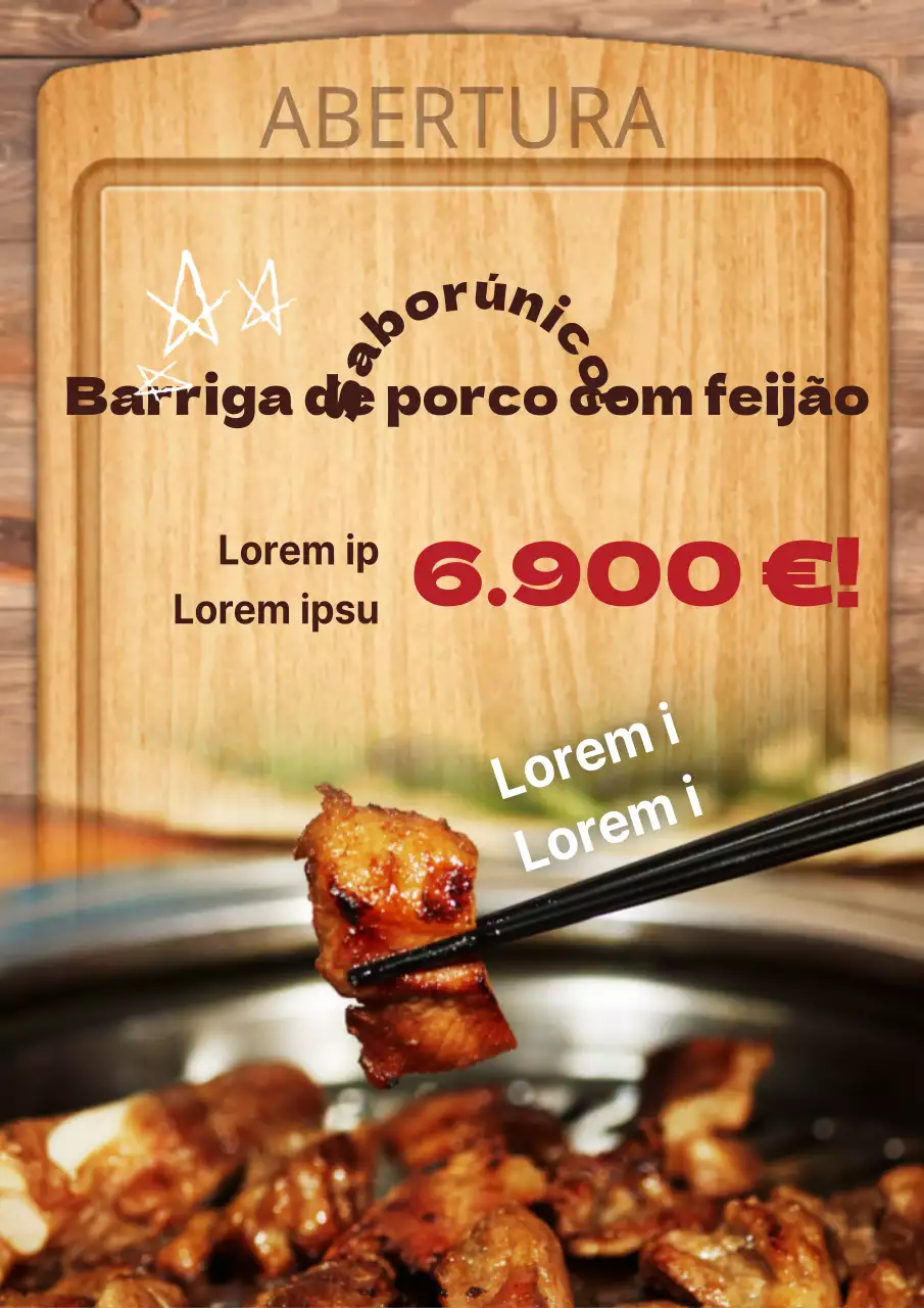 Promover o menu de uma churrascaria de conceito vintage com tábuas de corte castanhas e fotografias de bifes