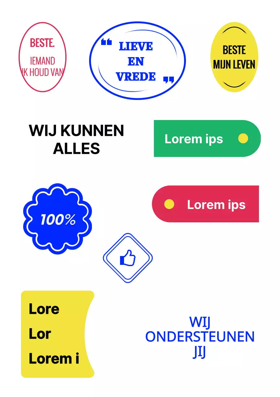 Eenvoudig stickerontwerp met kleurrijke Engelse tekst en geïllustreerde vormen