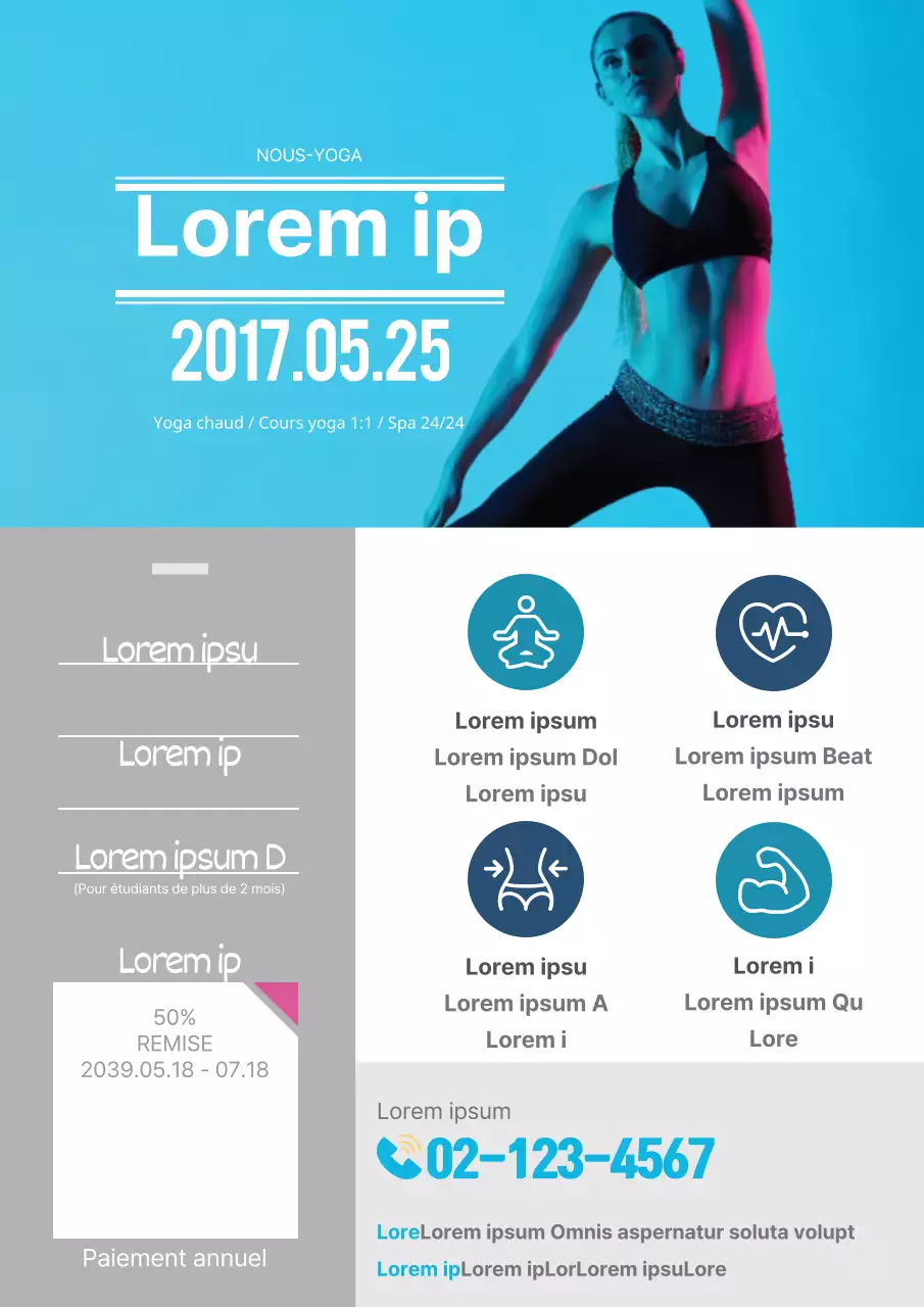 Flyer simple pour cours de yoga en bleu et gris