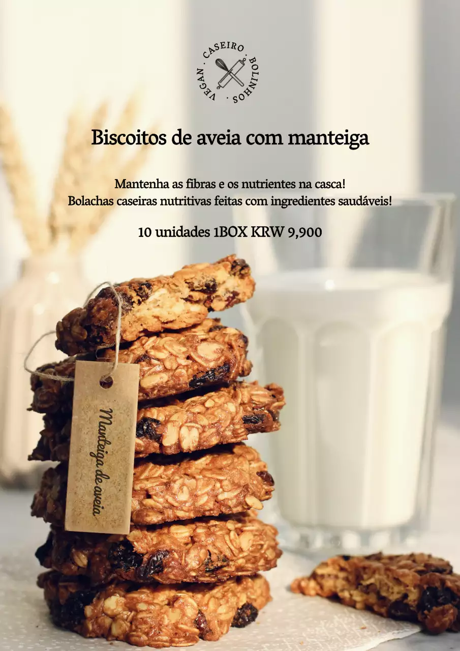 Cartaz promocional do menu de bolachas de aveia, em castanho e com foto