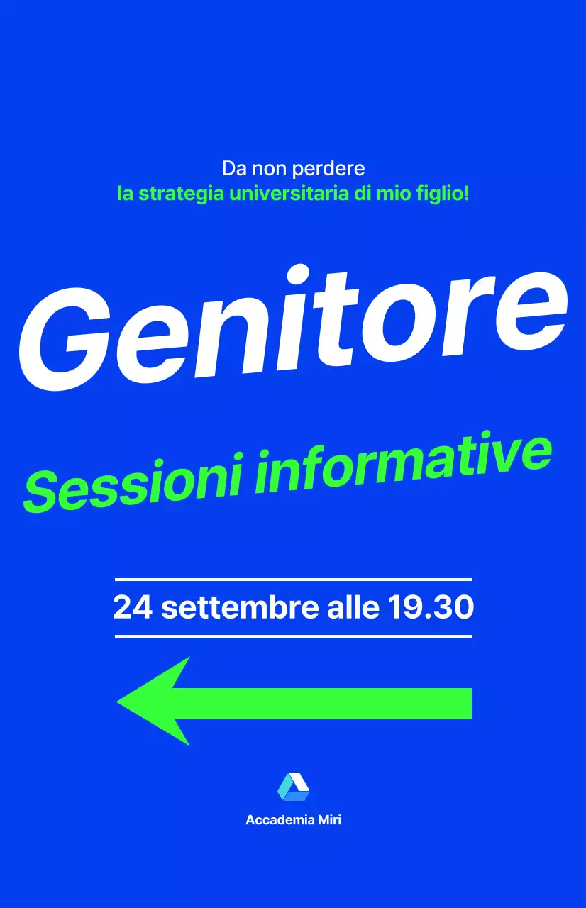 Sessione informativa per i genitori di un'accademia per studenti delle scuole superiori, con testo evidenziato in blu e colori fluorescenti.