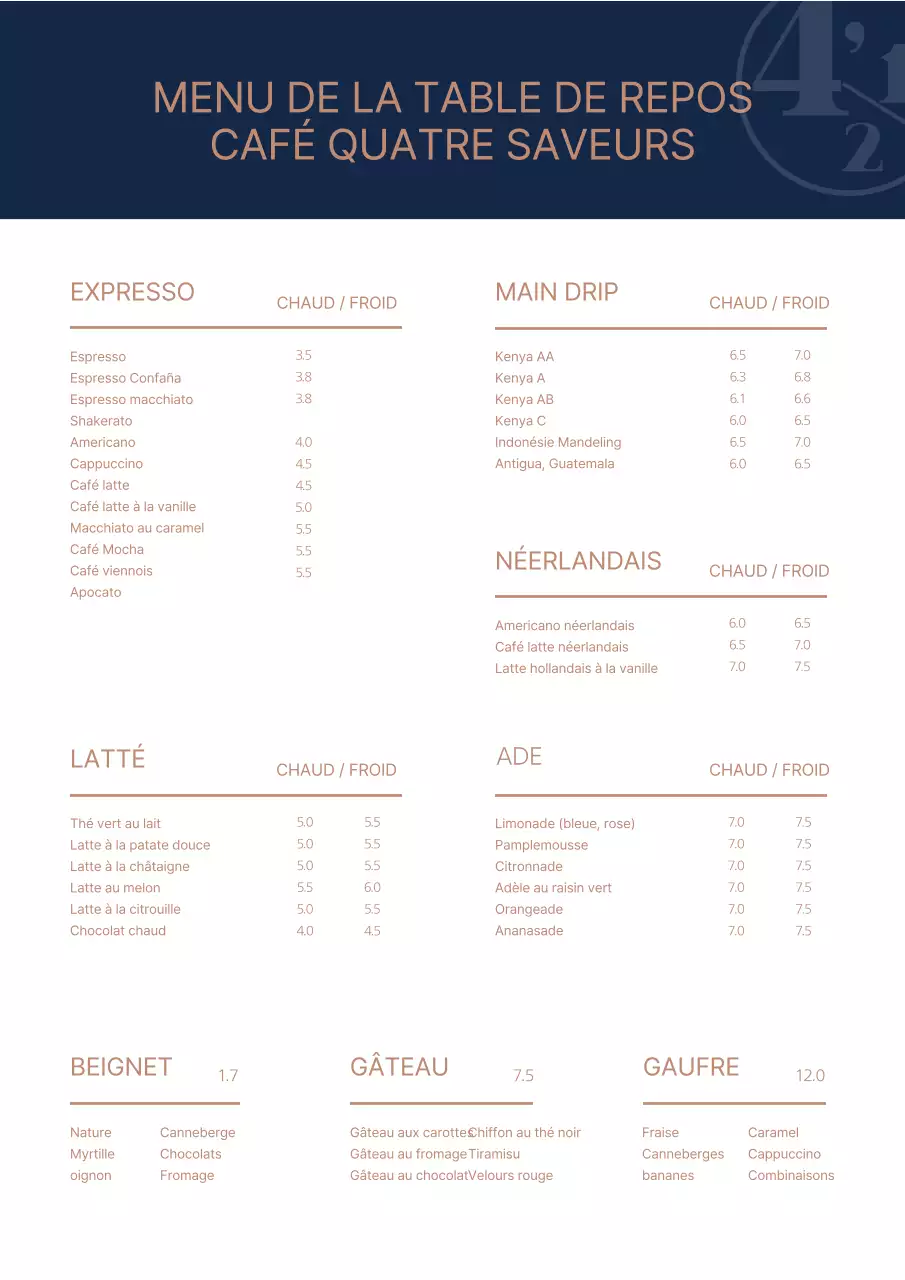 Un menu de café propre et élégant avec un nom de magasin et un logo bleu marine et or.