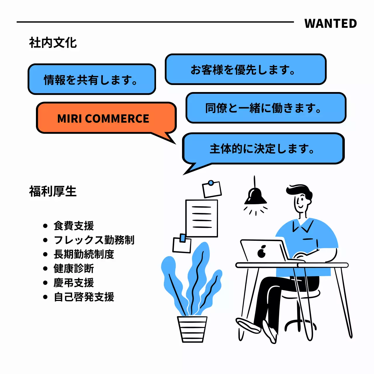 水色と黒のイラストが描かれたインターンシップ採用情報