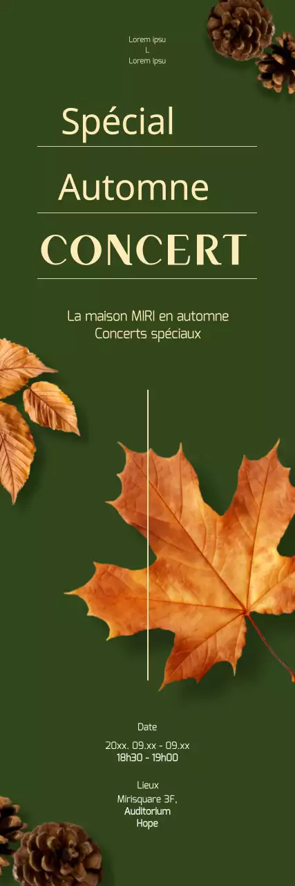 Promouvoir un concert d'automne avec des feuilles qui tombent sur un fond vert