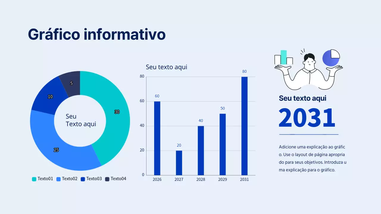 Gráfico de rosca e infográfico de gráfico de barras verticais com ilustrações de gráficos azuis e azuis claros