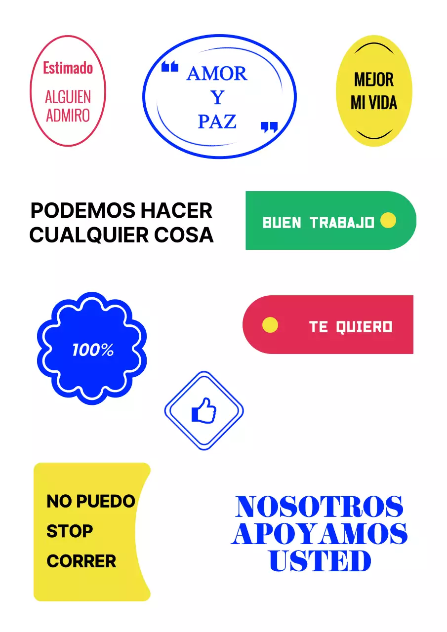 Sencillo diseño de pegatinas con coloridos textos en inglés y formas ilustradas
