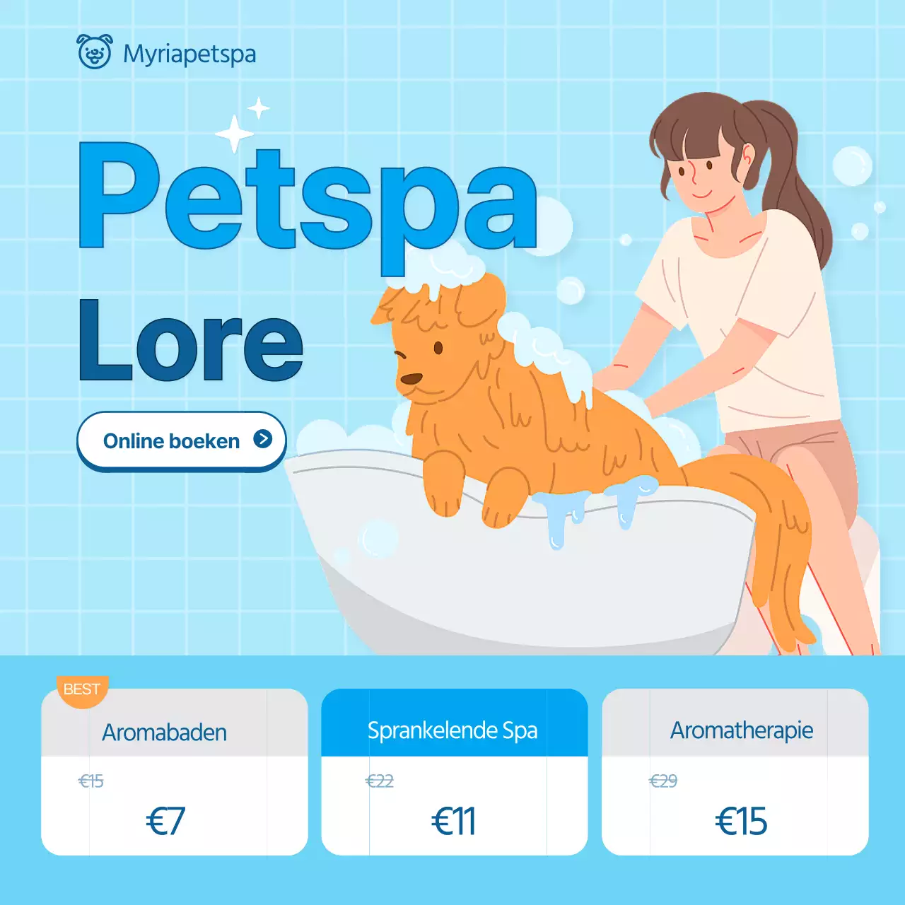 blauwe kleur illustratie huisdier beurs huisdier spa evenement sociale media plein