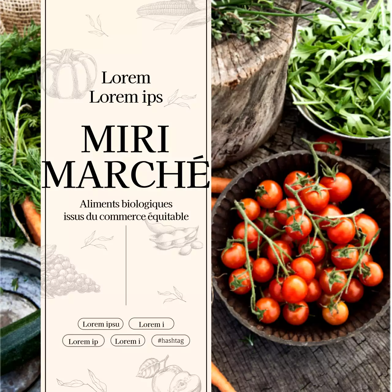 Marché alimentaire avec des motifs photographiques et illustratifs beiges