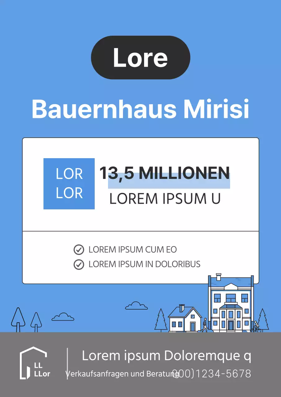 Einfache Illustration in hellblauen Tönen für ein Dokument zur Auflistung einer Immobilientransaktion.