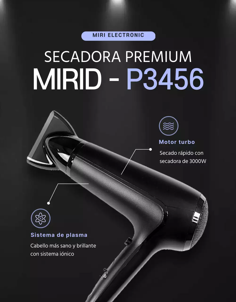 Secador de pelo negro y morado con un concepto limpio