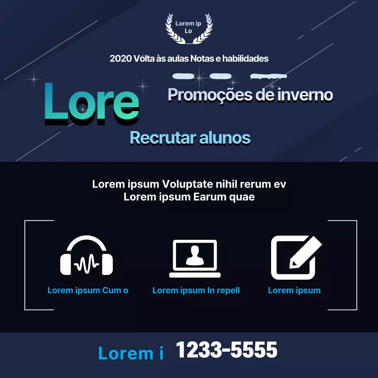 Ícone azul-marinho com letras em relevo Anúncio de aula escolar em destaque
